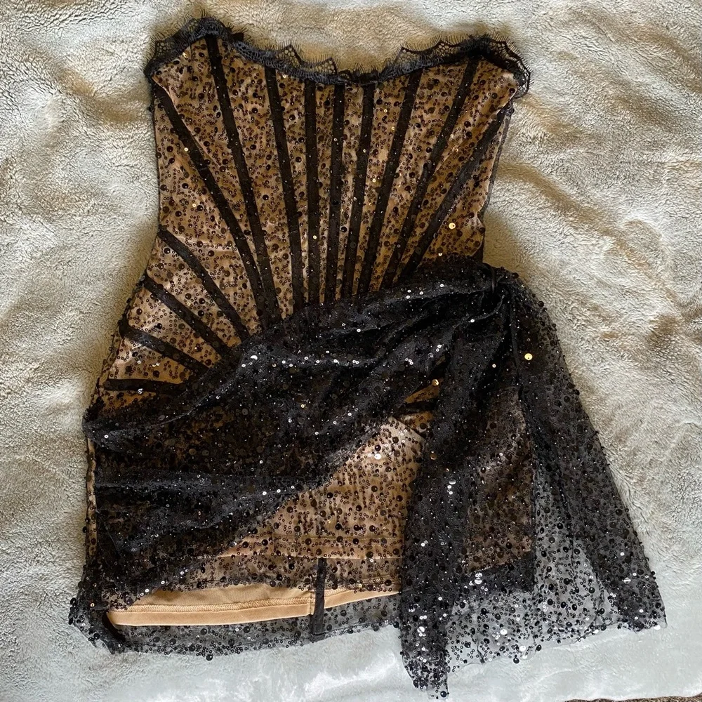 Heiress Black Sequin Corset Draped Mini Dress size small - Picture 4 of 10